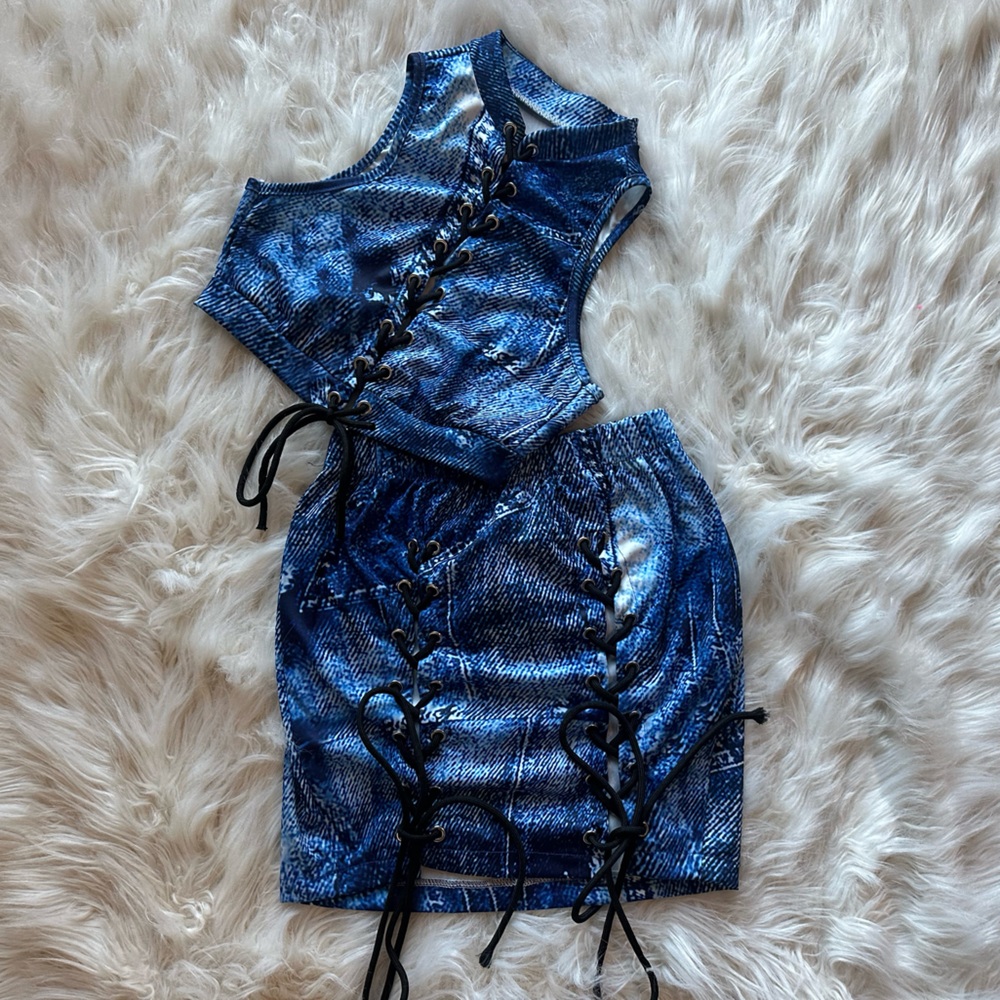 NEW - Faux Jean skirt and crop top set